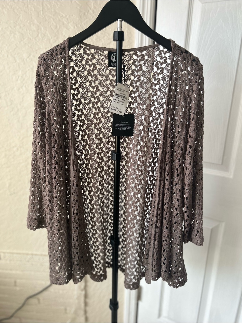 NWT Bobeau Taupe Open Front Crochet Lace Cardigan Sweater Size XL